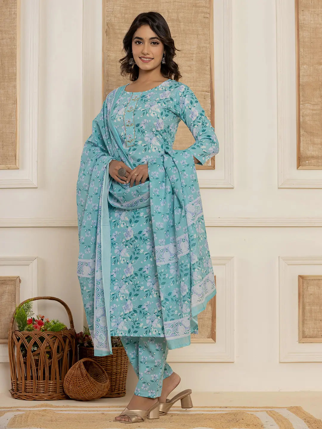 Teal-Green-Cotton-Floral-Print-Straight-3-Piece-Kurta-Set