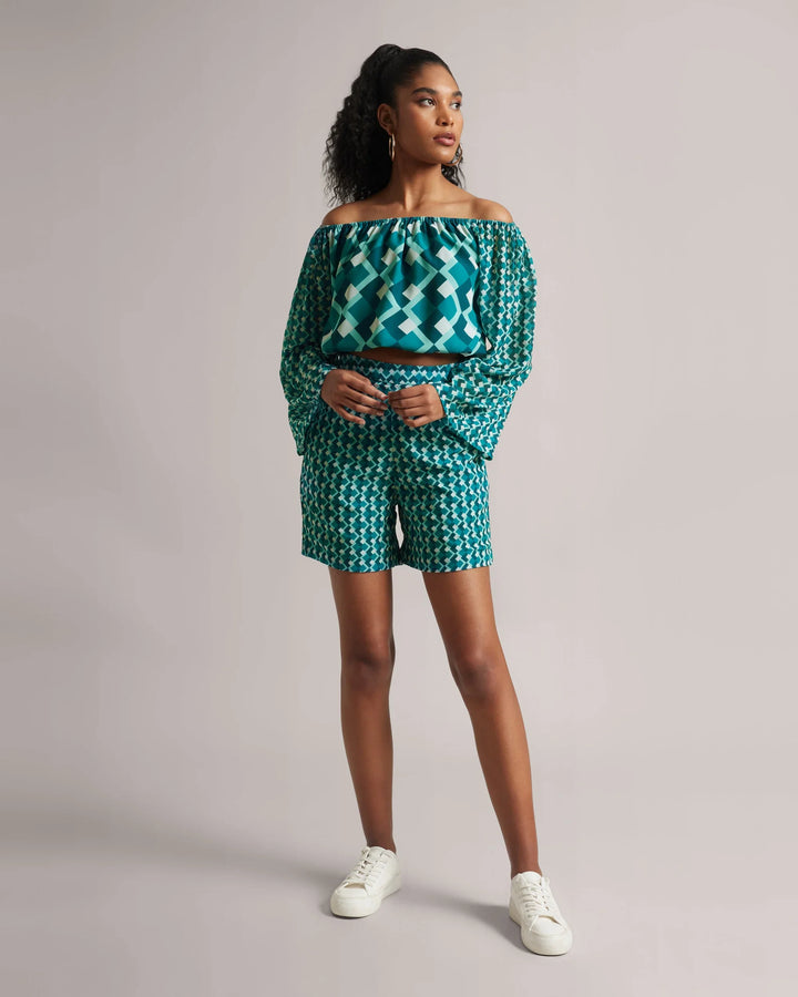 Teal Green Georgette Geometric Off-Shoulder Co-Ord Set