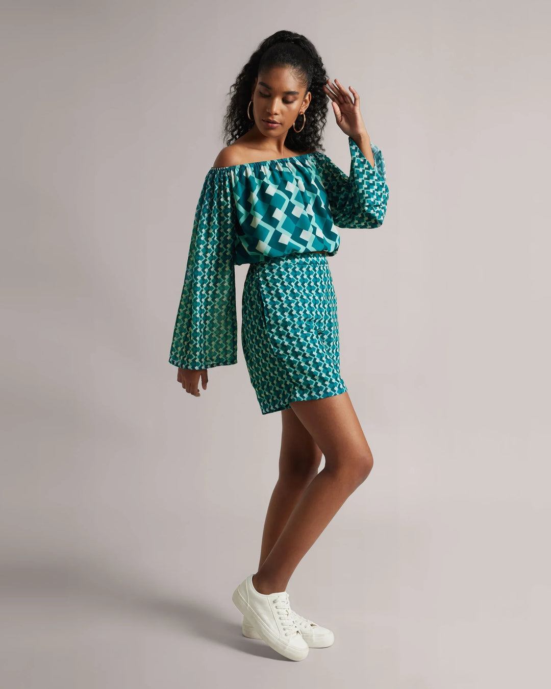 Teal Green Georgette Geometric Off-Shoulder Co-Ord Set