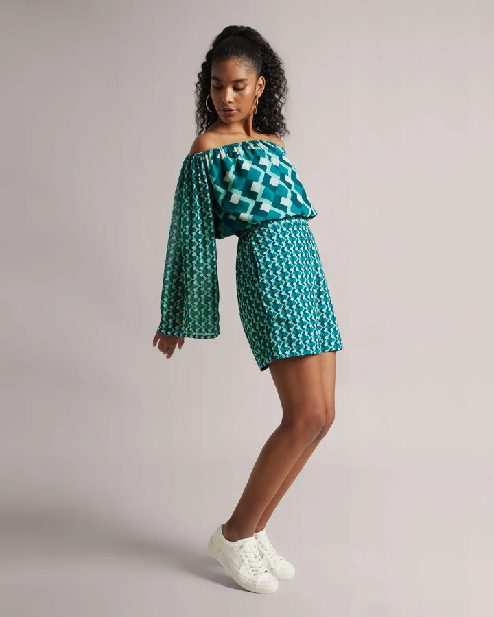 Teal Green Georgette Geometric Off-Shoulder Co-Ord Set