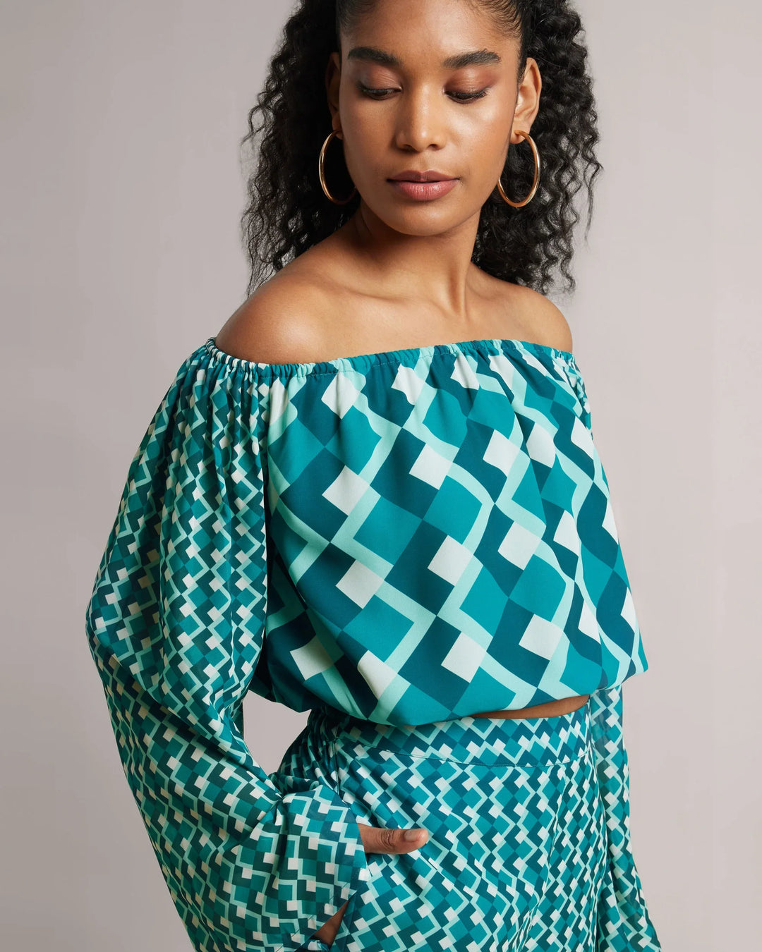 Teal Green Georgette Geometric Off-Shoulder Co-Ord Set