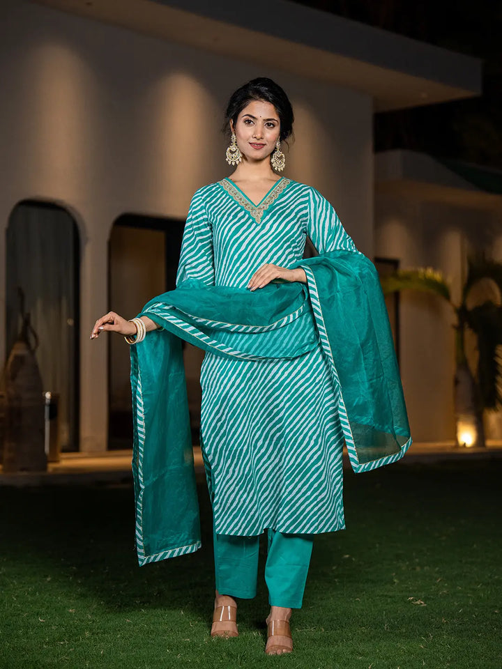 Teal-Green-Cotton-Leheriya-Print-Straight-3-Piece-Kurta-Set