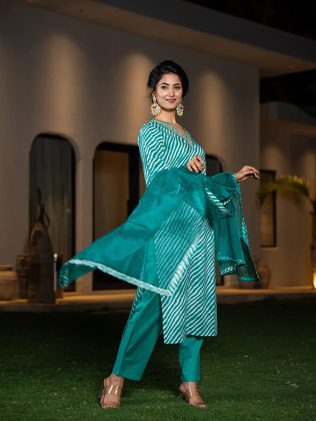 Teal-Green-Cotton-Leheriya-Print-Straight-3-Piece-Kurta-Set