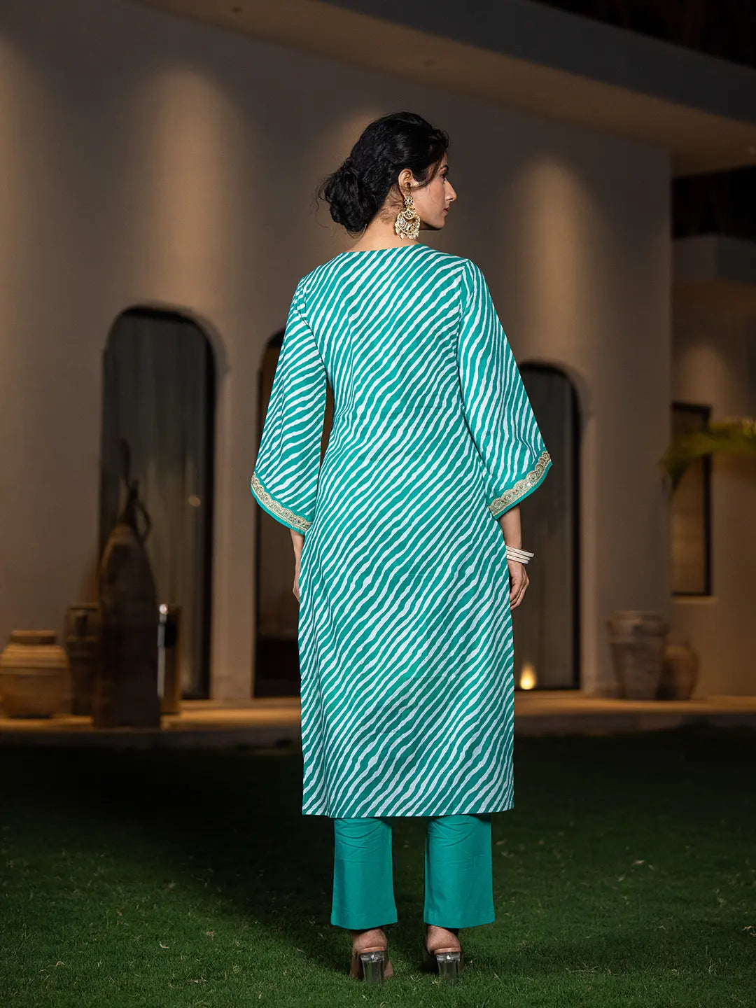 Teal-Green-Cotton-Leheriya-Print-Straight-3-Piece-Kurta-Set