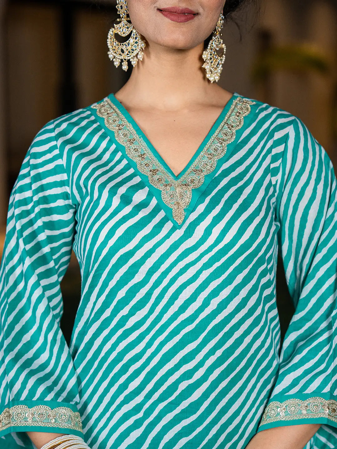 Teal-Green-Cotton-Leheriya-Print-Straight-3-Piece-Kurta-Set