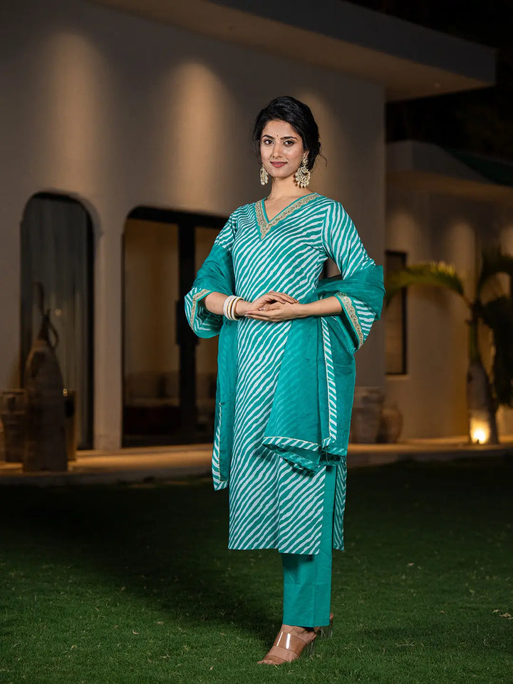 Teal-Green-Cotton-Leheriya-Print-Straight-3-Piece-Kurta-Set