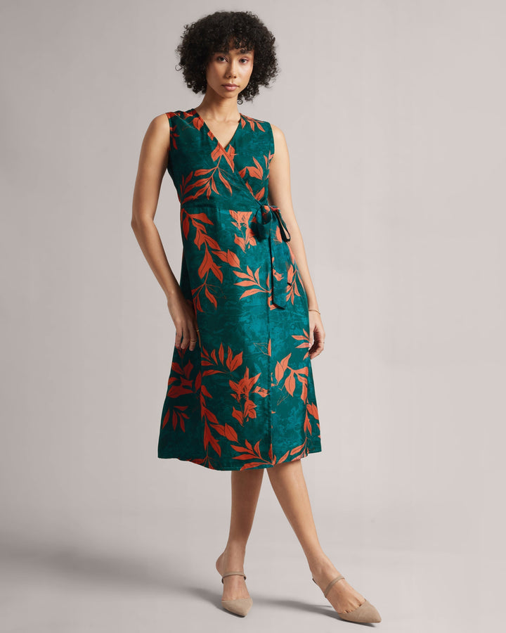 Teal Green Organza Botanic Print Wrap Midi Dress