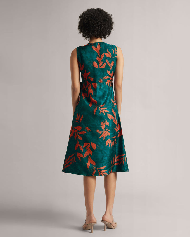 Teal Green Organza Botanic Print Wrap Midi Dress