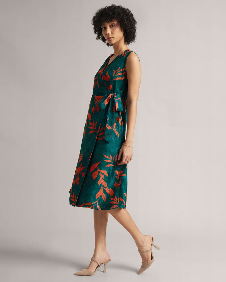 Teal Green Organza Botanic Print Wrap Midi Dress