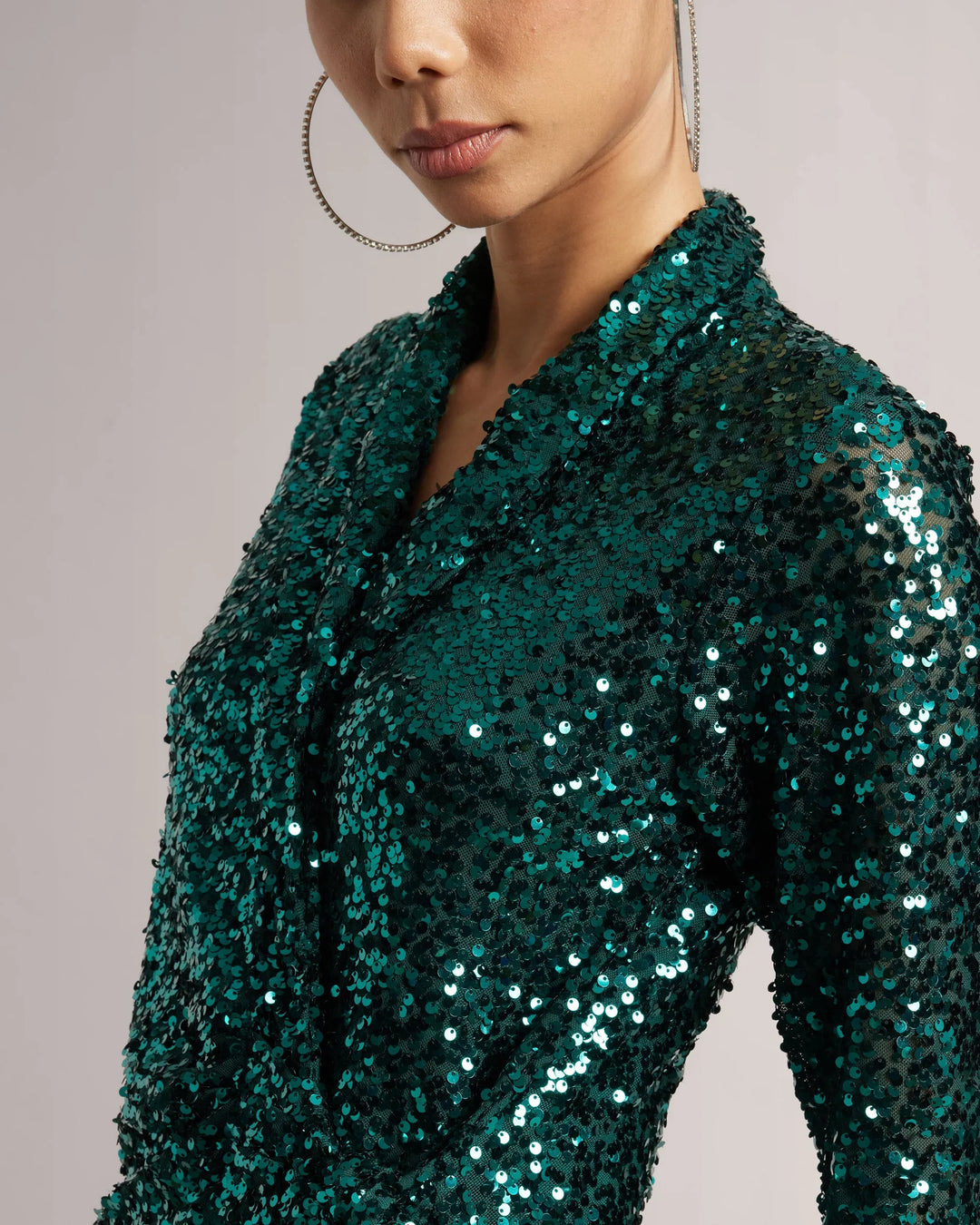 Teal Green Poly Elastane Full Sequin Wrap Party Dress