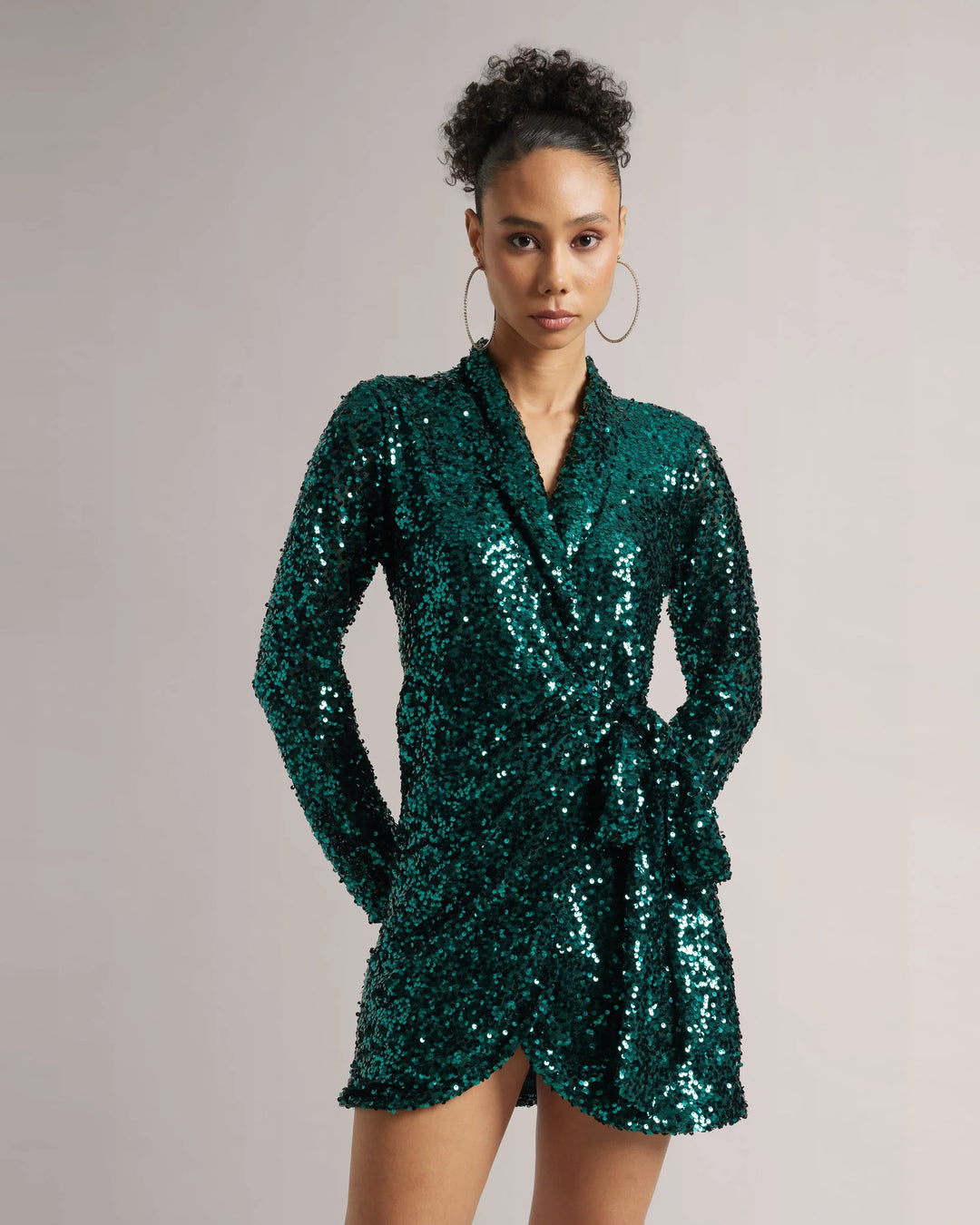 Teal Green Poly Elastane Full Sequin Wrap Party Dress