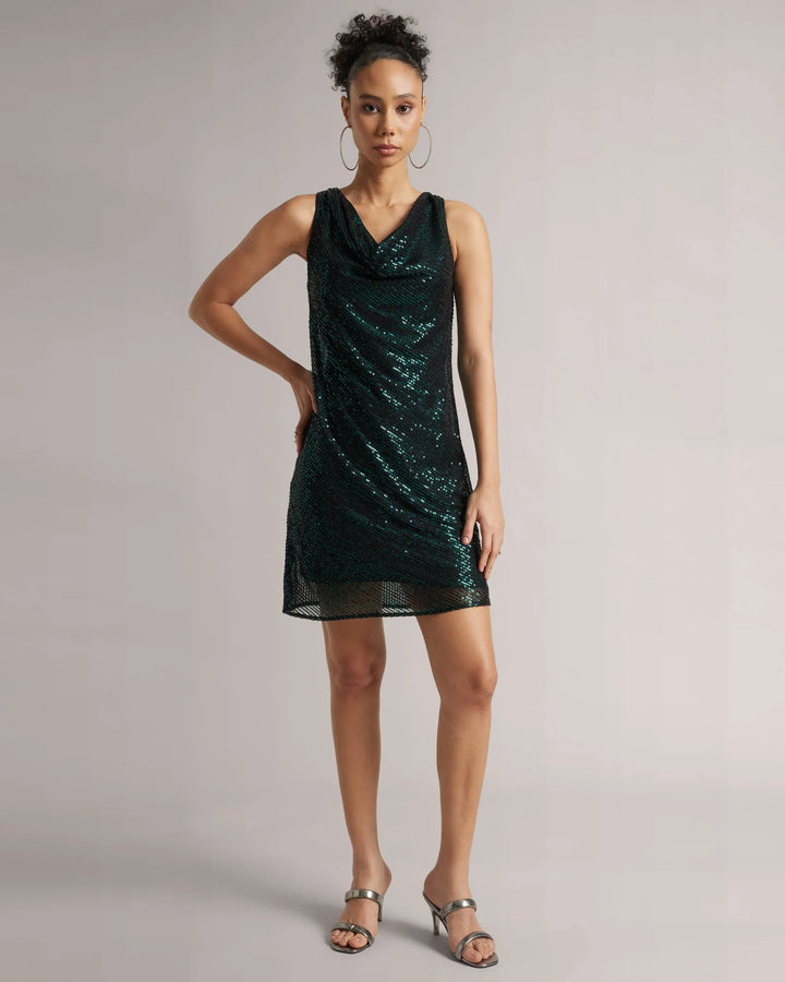 Teal Green Poly Elastane Sequin Cowl Neck Party Dress