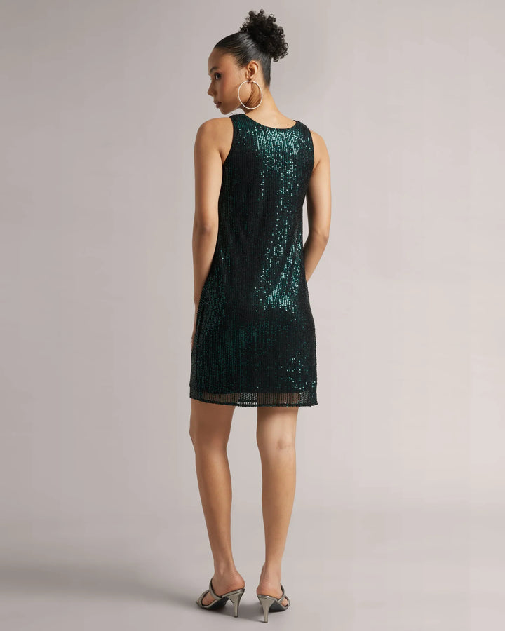 Teal Green Poly Elastane Sequin Cowl Neck Party Dress