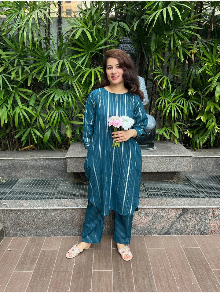 Teal Lurex Love Kurta And Pant Set