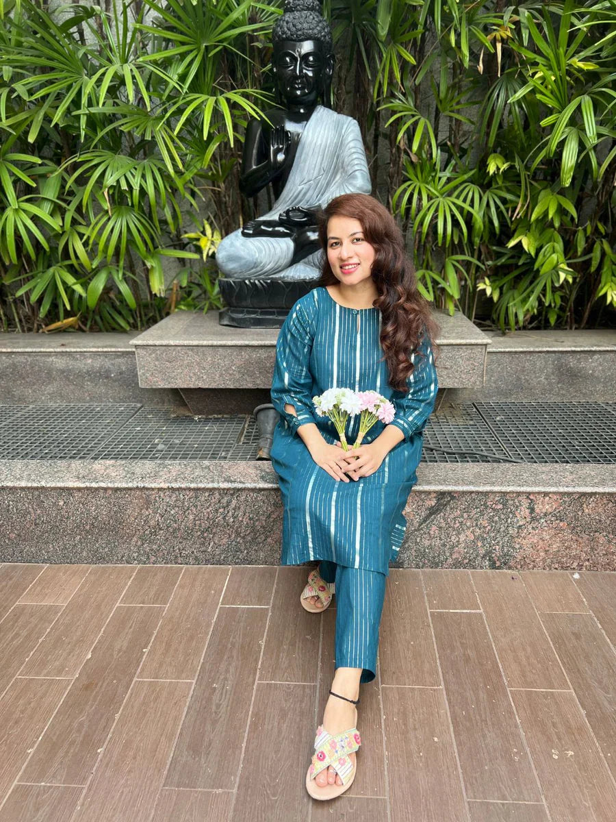 Teal Lurex Love Kurta And Pant Set