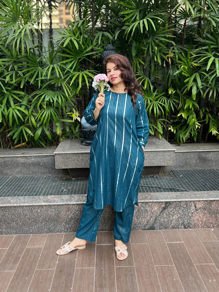 Teal Lurex Love Kurta And Pant Set