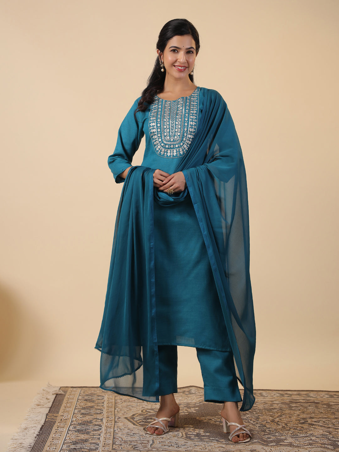 Teal-Magics-Slub-Straight-3-Piece-Kurta-Set