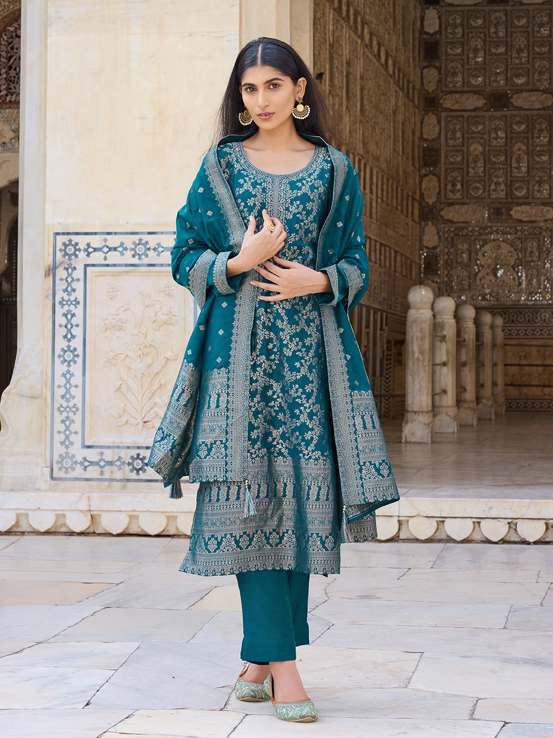 Teal-Poly-Chanderi-Woven-Design-Straight-3-Piece-Kurta-Set