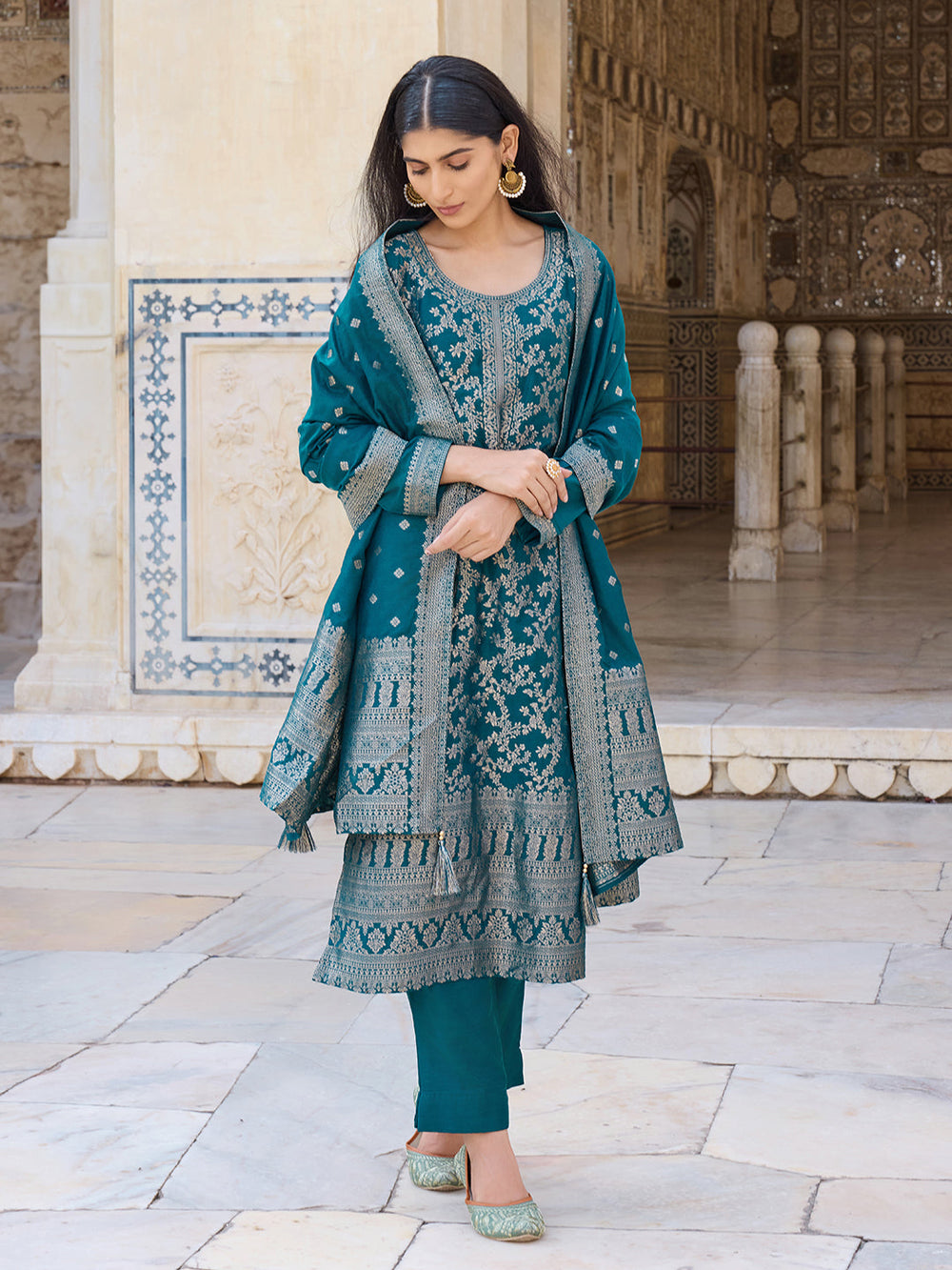 ZERESOUQ-Teal-Poly-Chanderi-Woven-Design-Straight-3-Piece-Kurta-Set