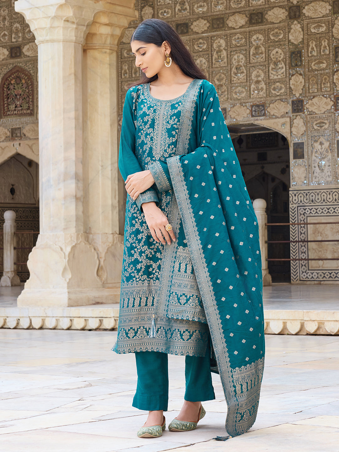 Teal-Poly-Chanderi-Woven-Design-Straight-3-Piece-Kurta-Set