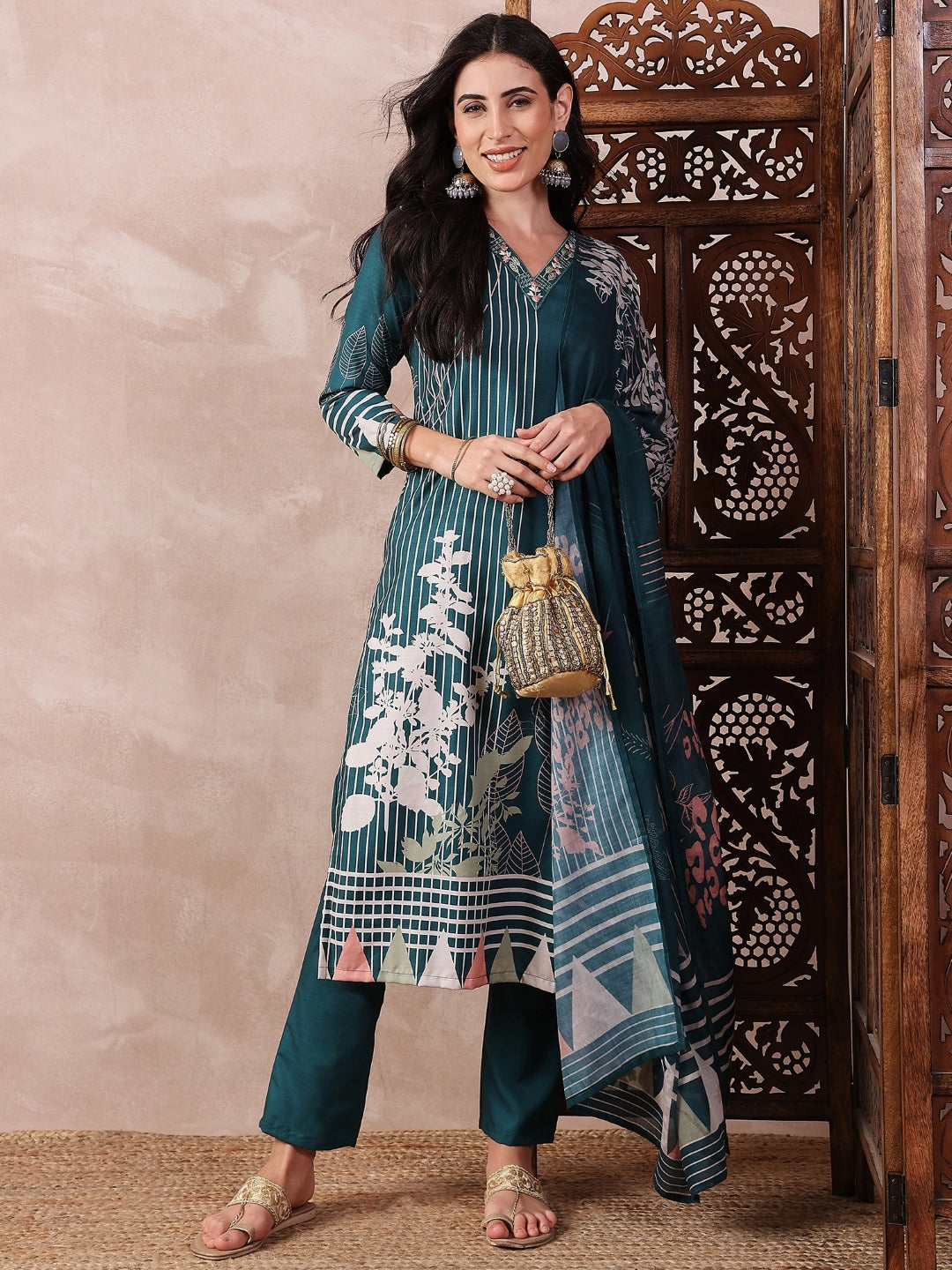 Teal-Silk-Blend-Abstract-Printed-3-Piece-Kurta-Set