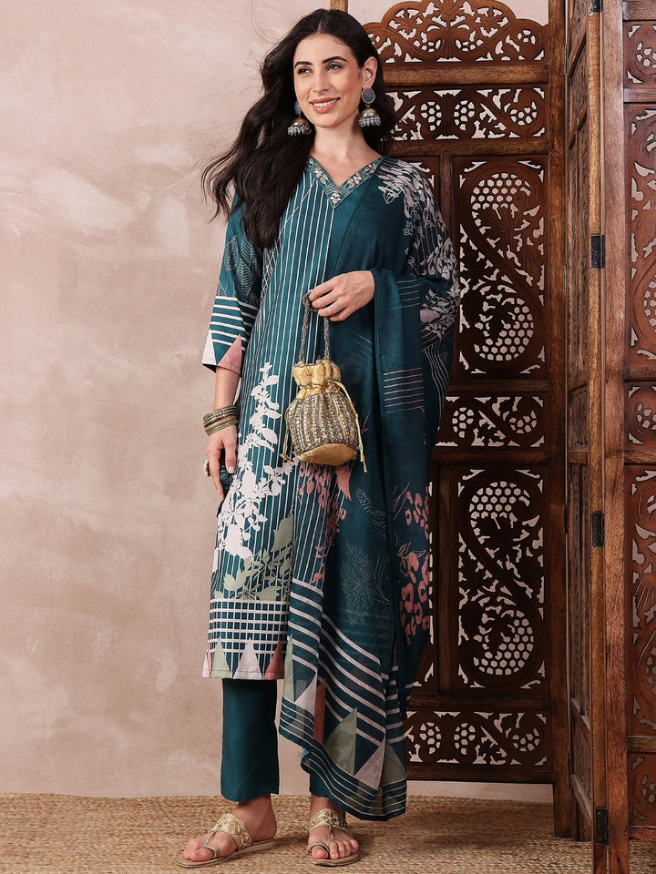 Teal-Silk-Blend-Abstract-Printed-3-Piece-Kurta-Set