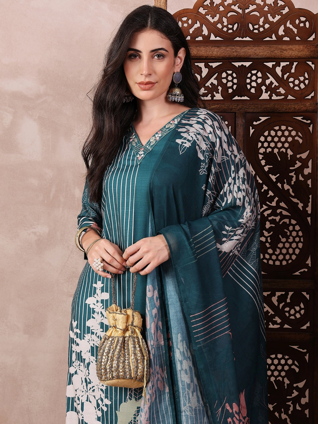 Teal-Silk-Blend-Abstract-Printed-3-Piece-Kurta-Set