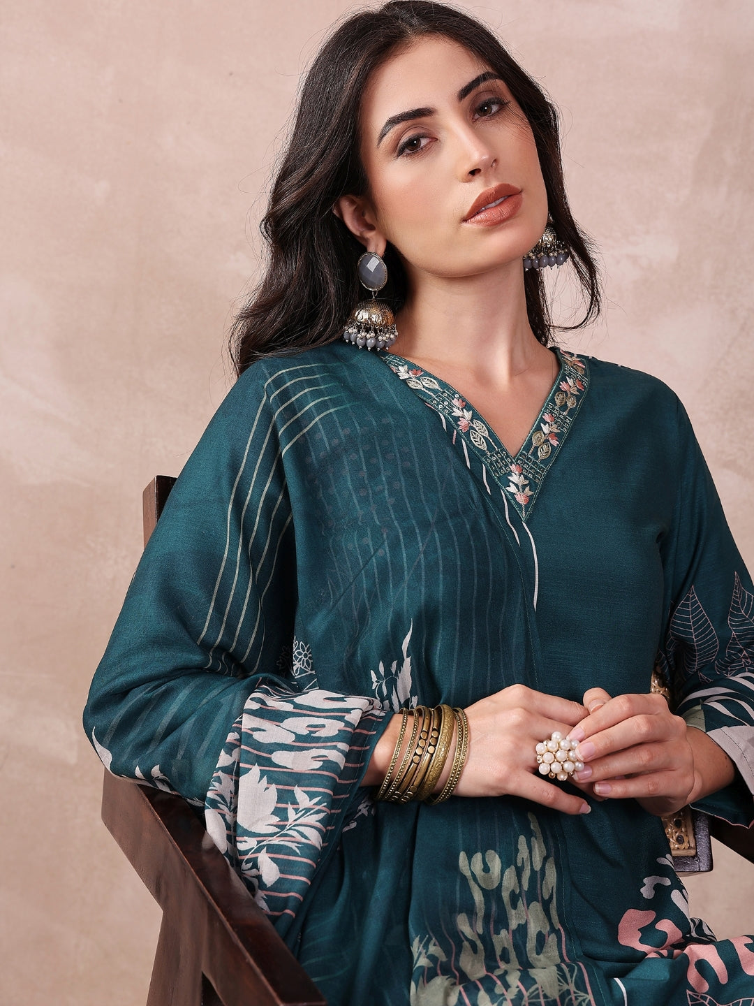 Teal-Silk-Blend-Abstract-Printed-3-Piece-Kurta-Set