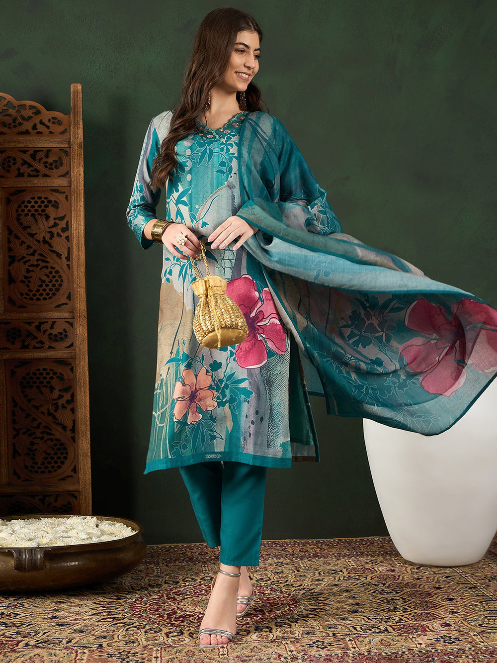 Teal-Silk-Blend-Floral-Printed-3-Piece-Kurta-Set