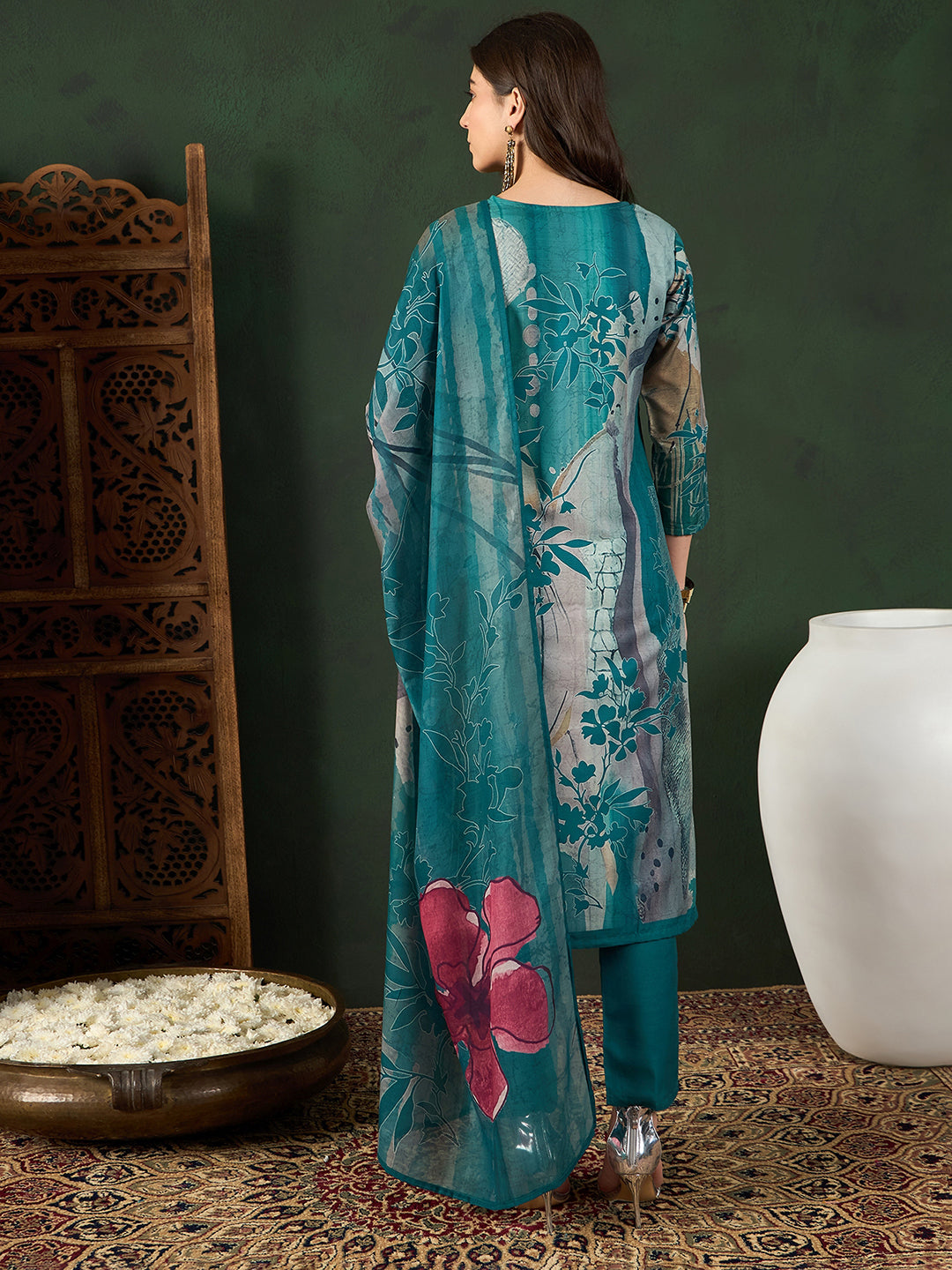 Teal-Silk-Blend-Floral-Printed-3-Piece-Kurta-Set