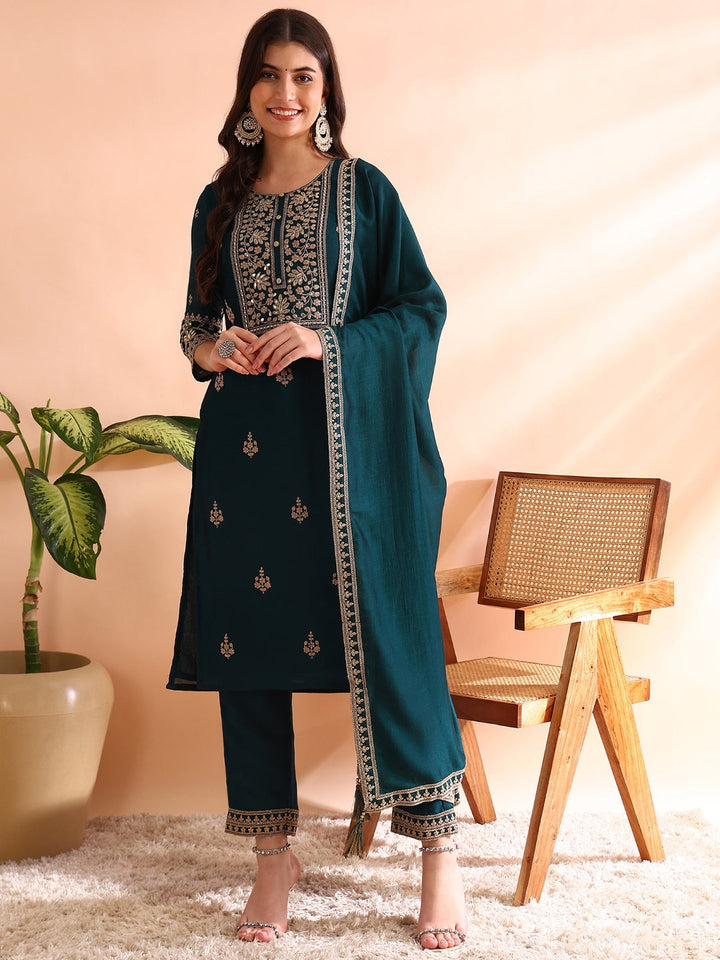 ZERESOUQ-Teal-Silk-Blend-Solid-Embroidered-3-Piece-Kurta-Set