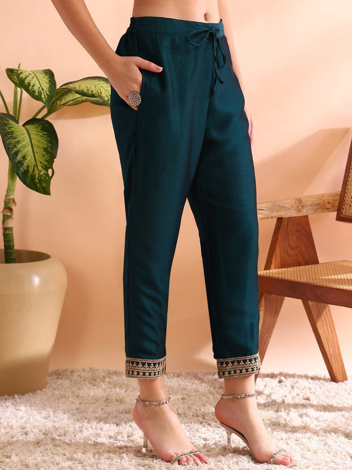 ZERESOUQ-Teal-Silk-Blend-Solid-Embroidered-3-Piece-Kurta-Set