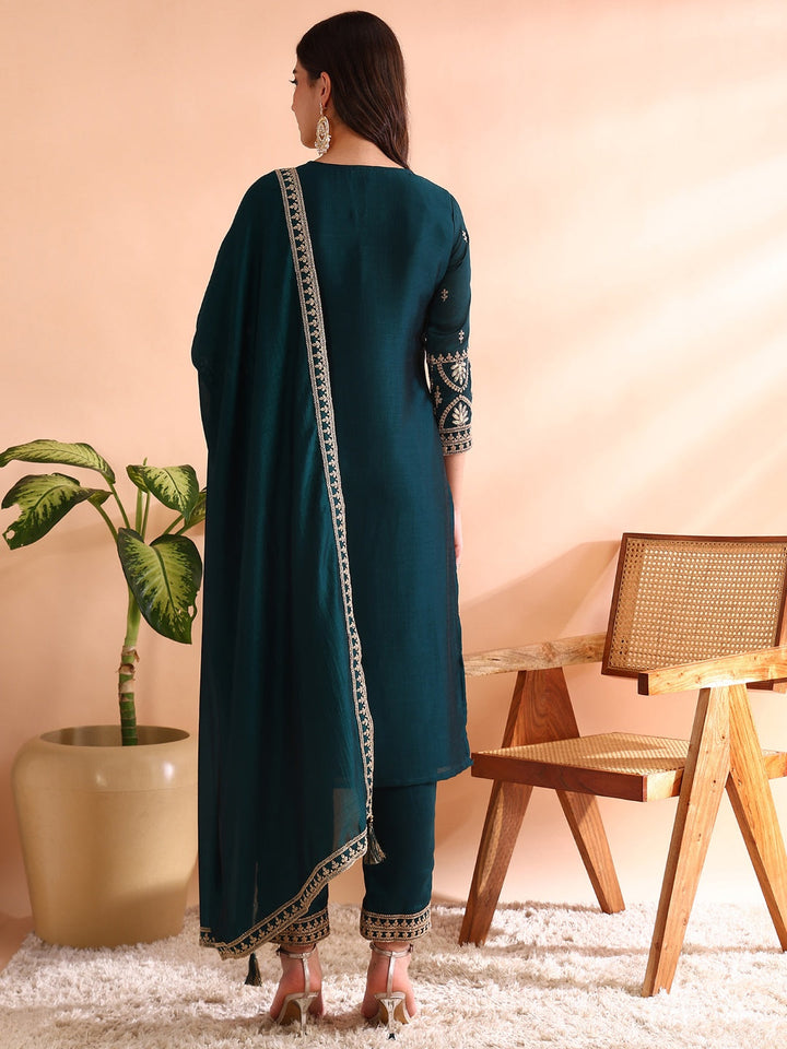 ZERESOUQ-Teal-Silk-Blend-Solid-Embroidered-3-Piece-Kurta-Set