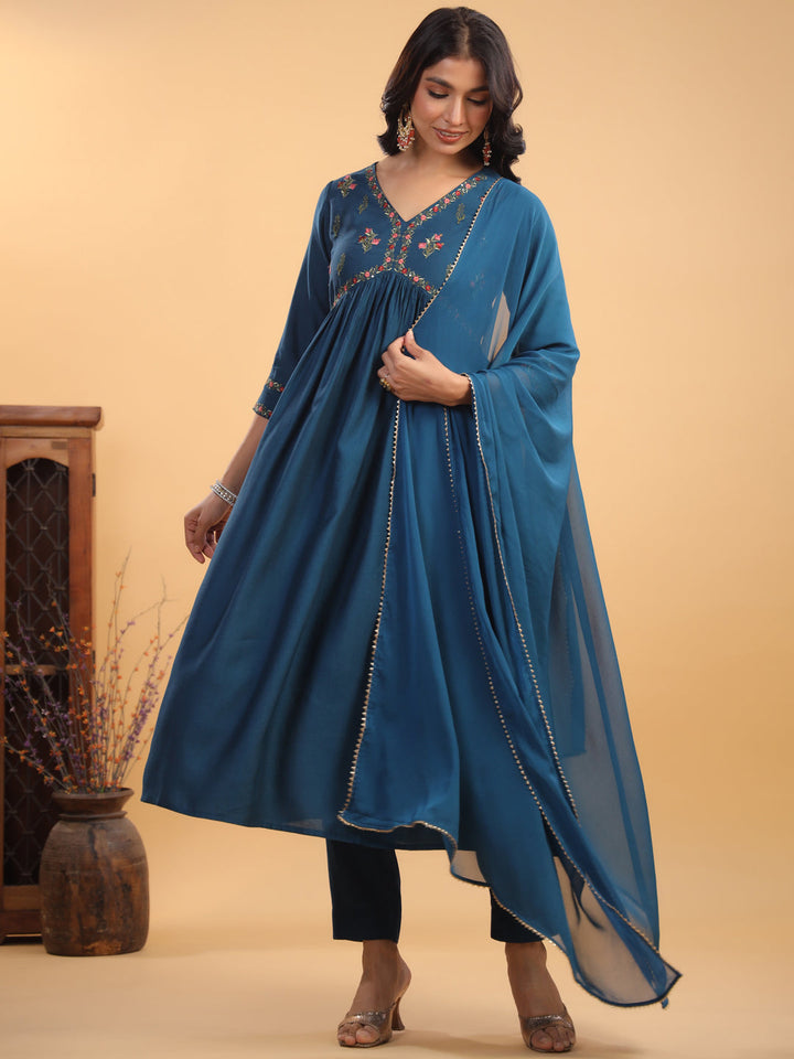 Teal Silk Blend Yoke Embroidery A-Line Kurta Set