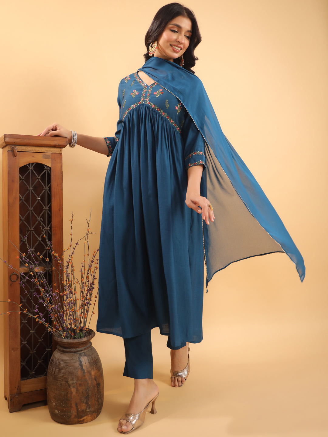 Teal Silk Blend Yoke Embroidery A-Line Kurta Set