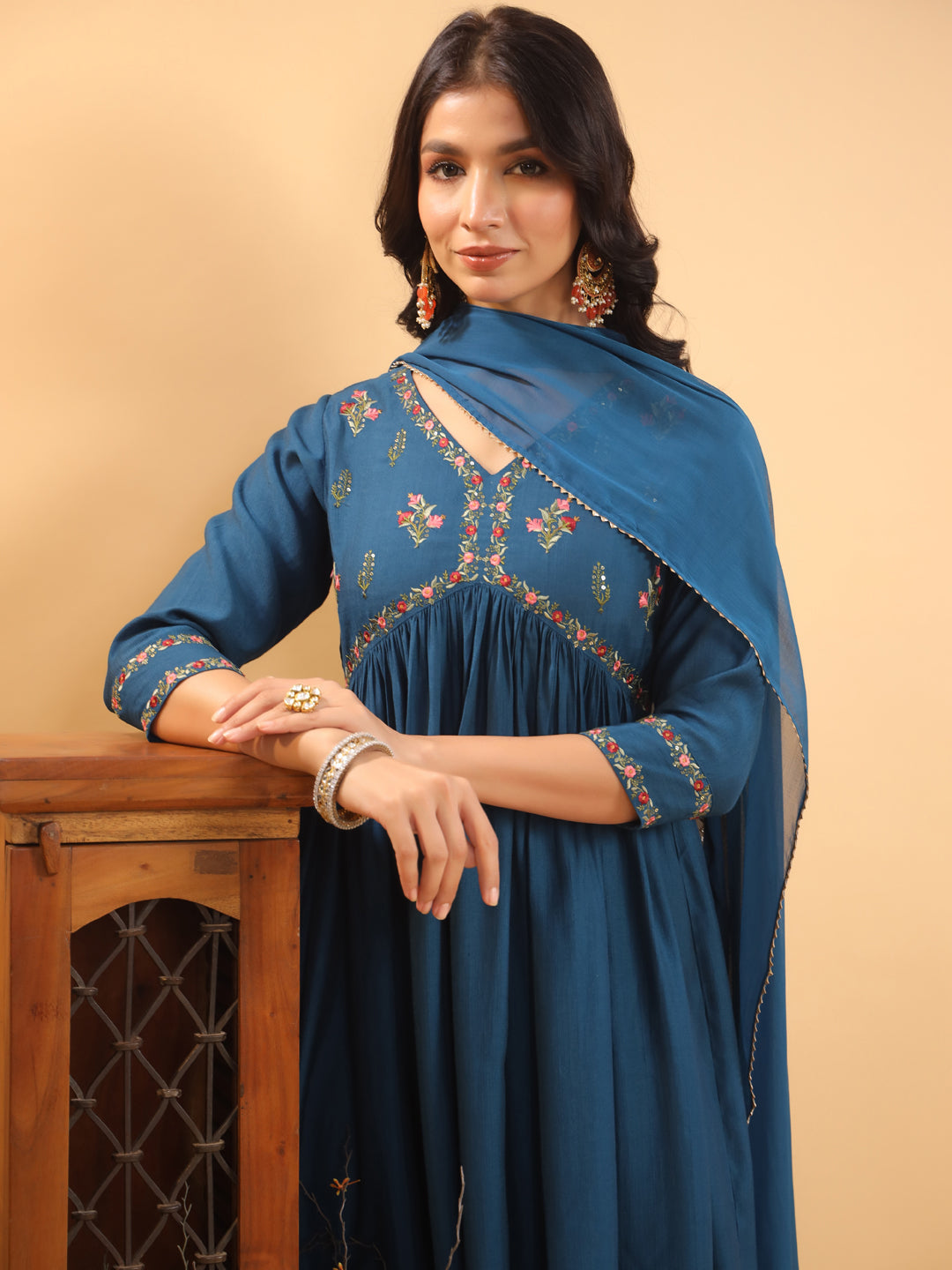 Teal Silk Blend Yoke Embroidery A-Line Kurta Set