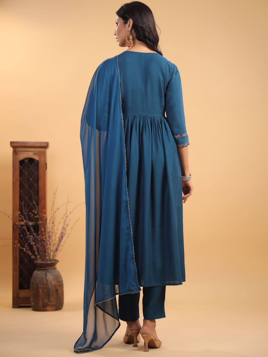 Teal Silk Blend Yoke Embroidery A-Line Kurta Set