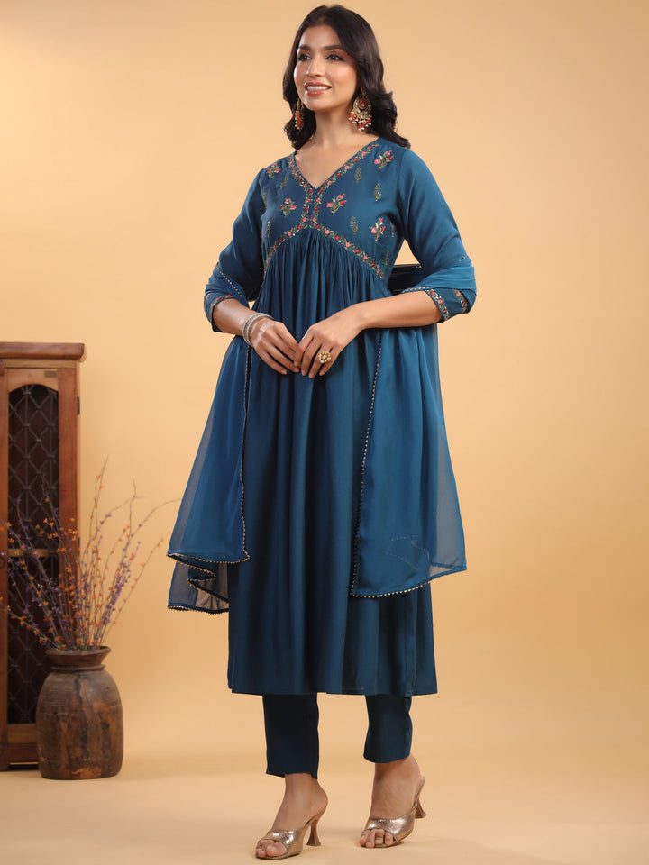 Teal Silk Blend Yoke Embroidery A-Line Kurta Set