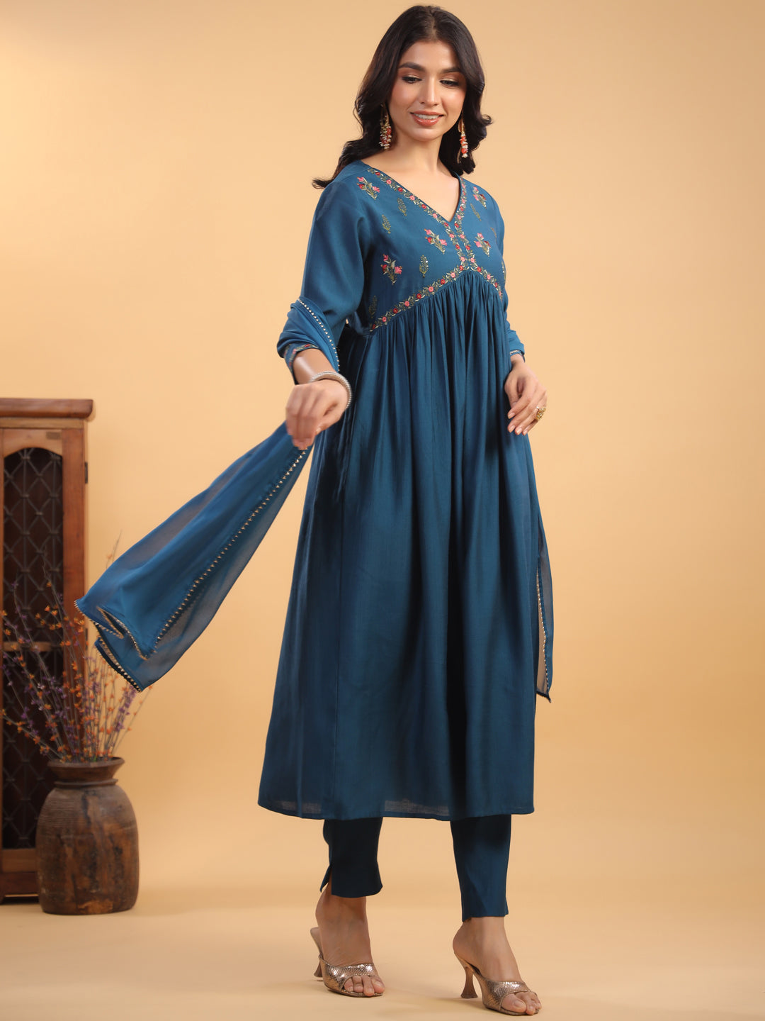 Teal Silk Blend Yoke Embroidery A-Line Kurta Set