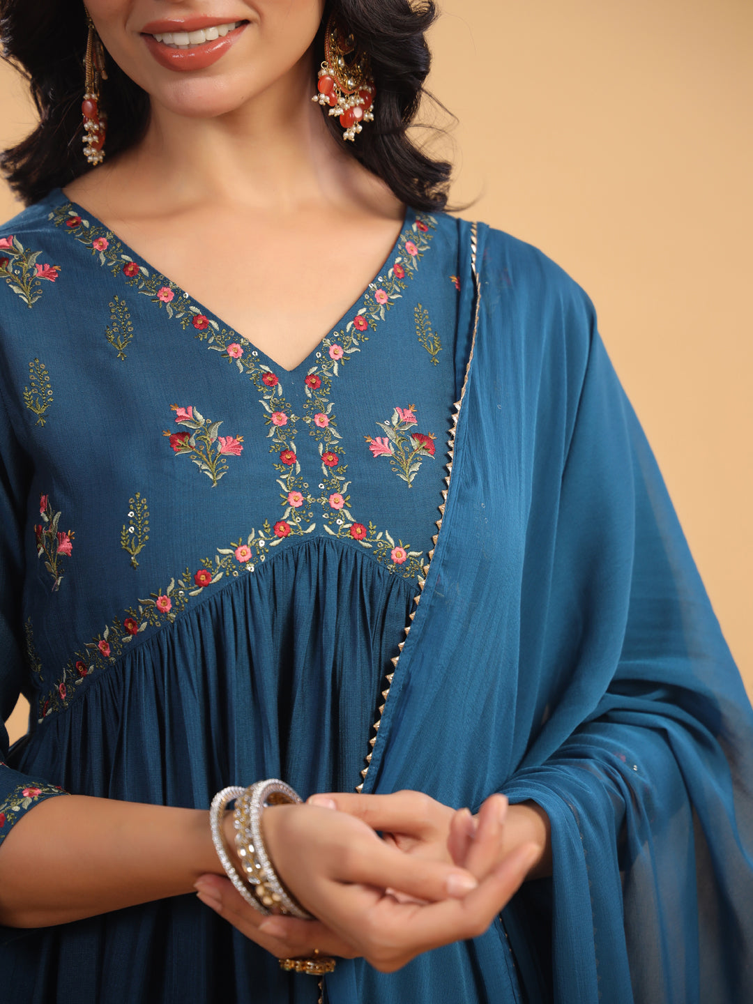 Teal Silk Blend Yoke Embroidery A-Line Kurta Set