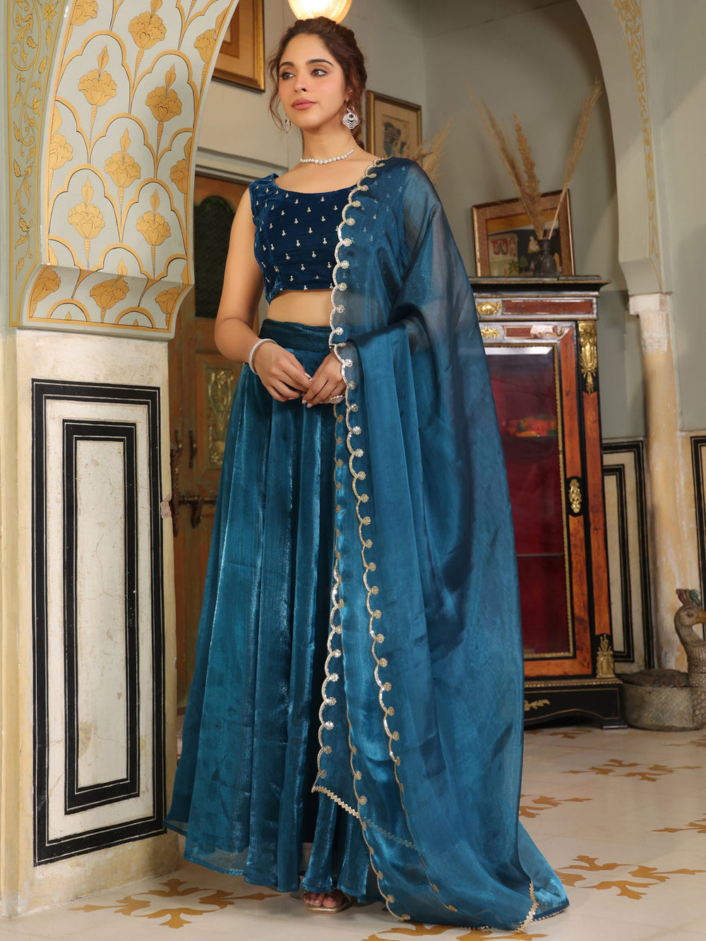 Teal-Velvet-Embroidered-Lehenga-Set