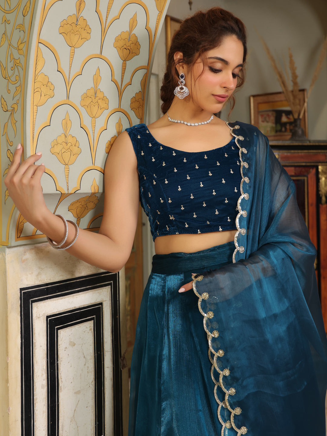 Teal-Velvet-Embroidered-Lehenga-Set