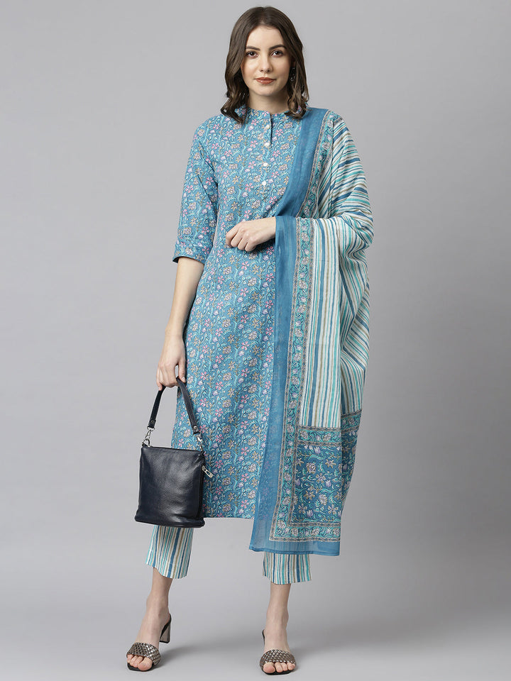 Teal Blue Cotton Floral Print Kurta Set