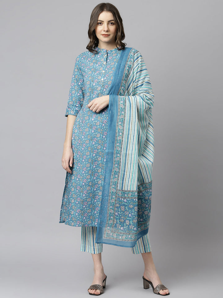 Teal Blue Cotton Floral Print Kurta Set