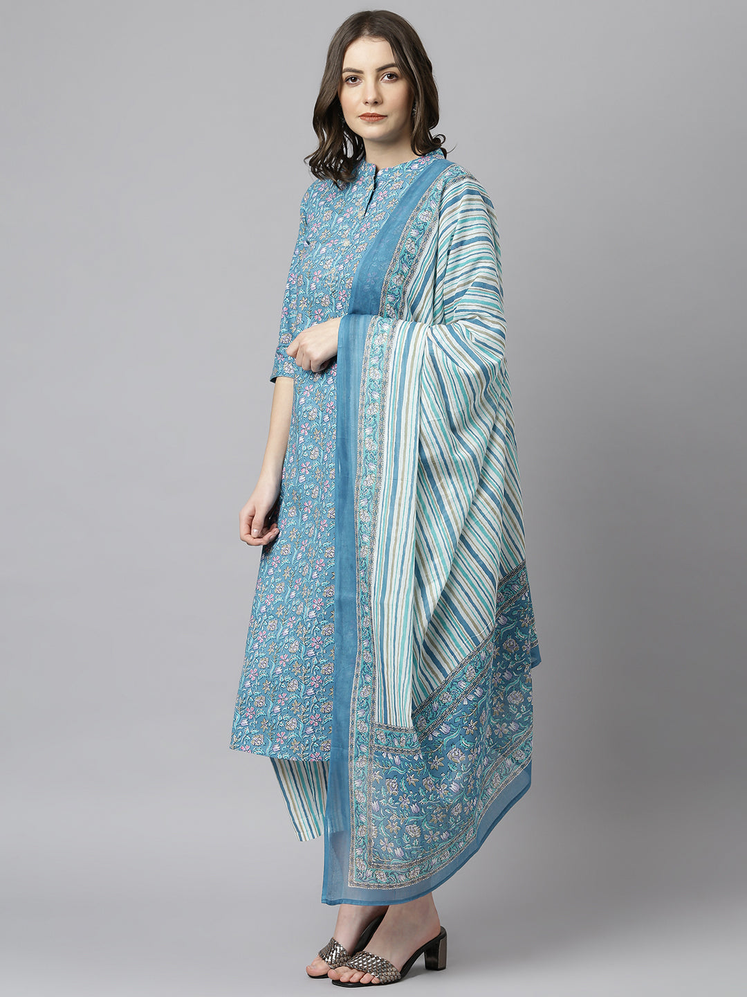 Teal Blue Cotton Floral Print Kurta Set