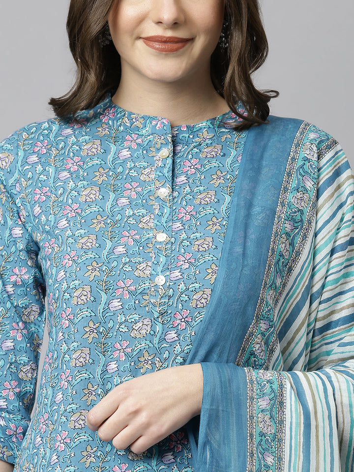 Teal Blue Cotton Floral Print Kurta Set