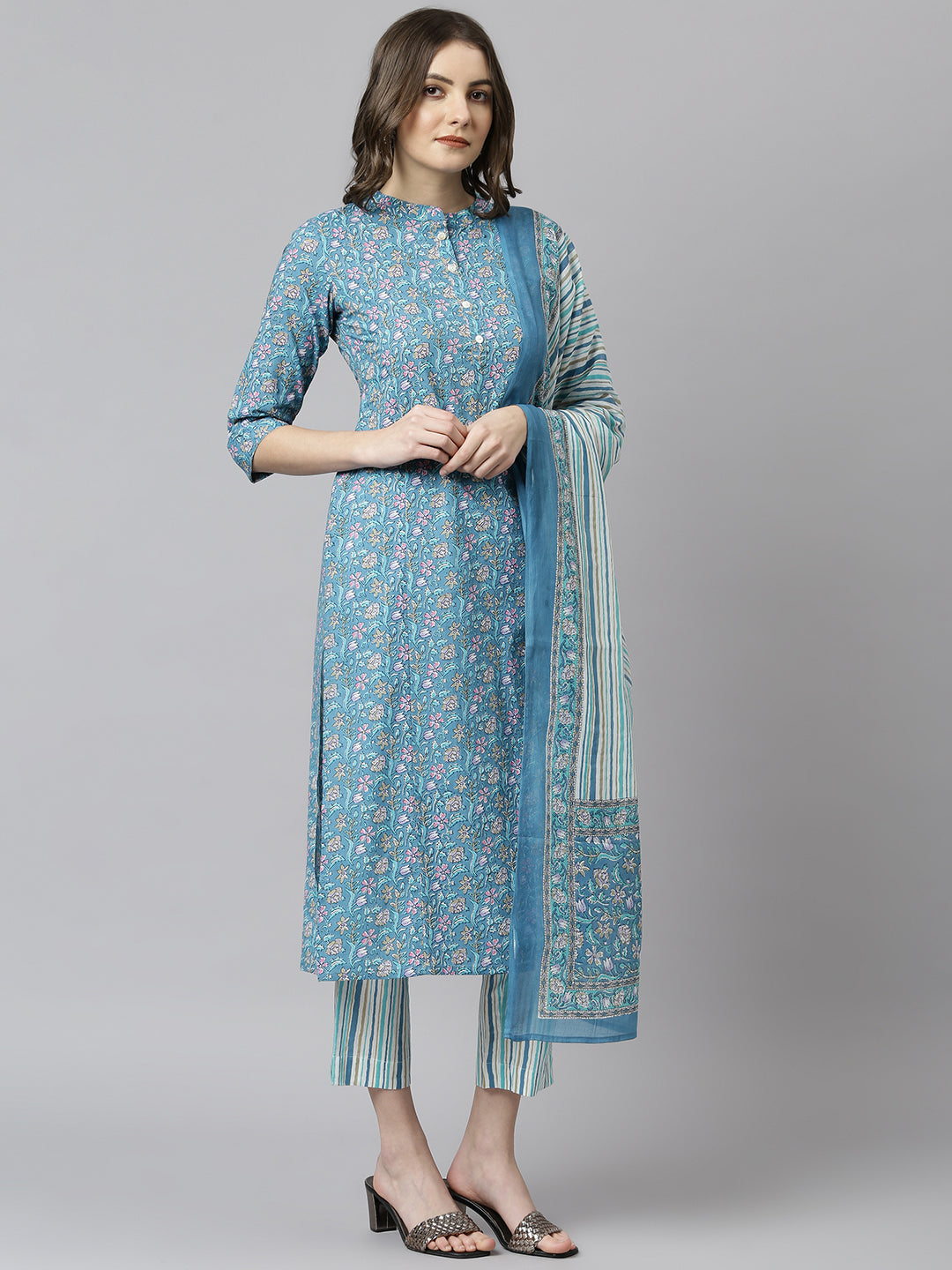 Teal Blue Cotton Floral Print Kurta Set