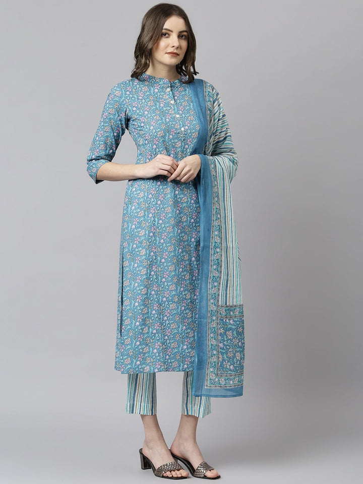 Teal Blue Cotton Floral Print Kurta Set
