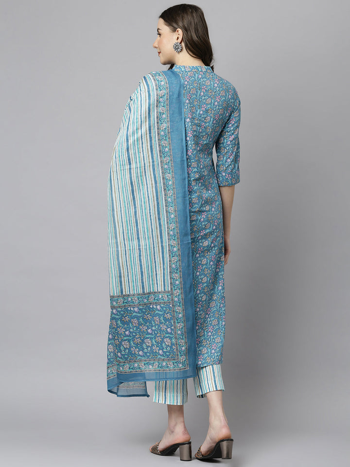 Teal Blue Cotton Floral Print Kurta Set