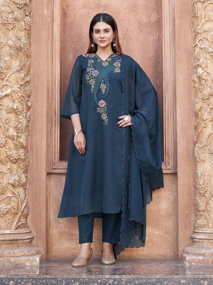 Teal-Blue-Organza-Multicolor-V-Neck-A-Line-3-Piece-Kurta-Set